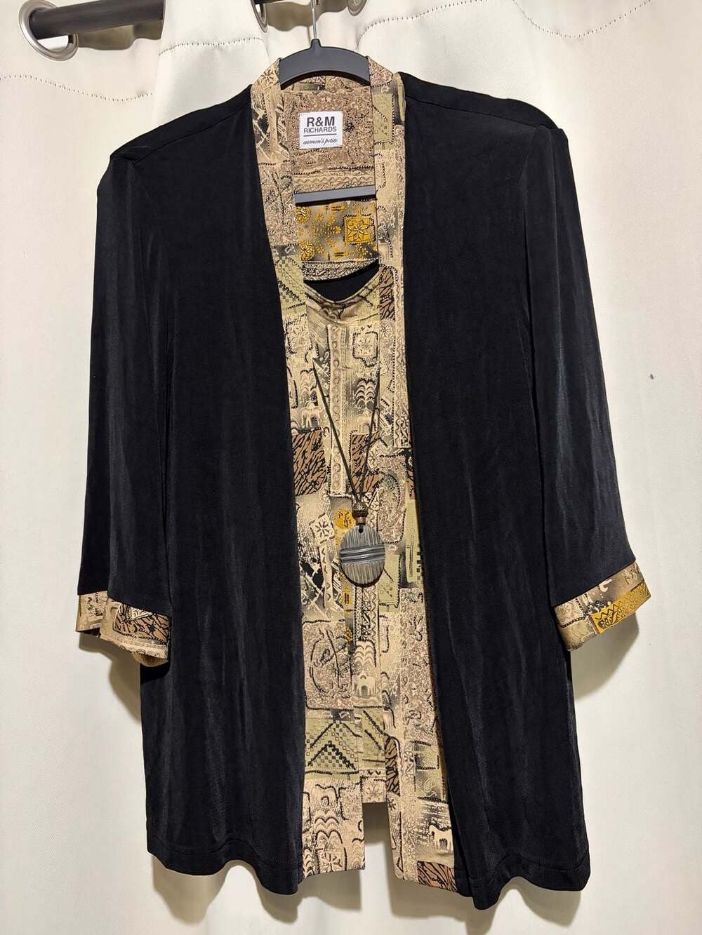 R&M Richards Women's Petite Black Cardigan with Tribal Print Trim and Pendant